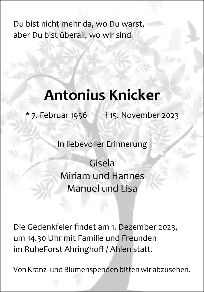  Traueranzeige für Antonius Knicker vom 23.11.2023 aus 