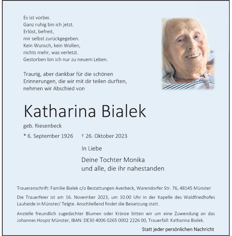  Traueranzeige für Katharina Bialek vom 11.11.2023 aus 