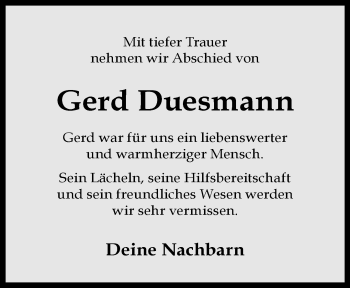 Anzeige von Gerd Duesmann 