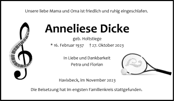 Anzeige von Anneliese Dicke 