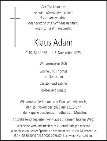 Anzeige von Klaus Adam 