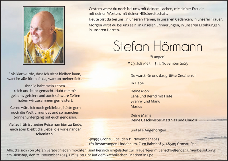  Traueranzeige für Stefan Hörmann vom 15.11.2023 aus 