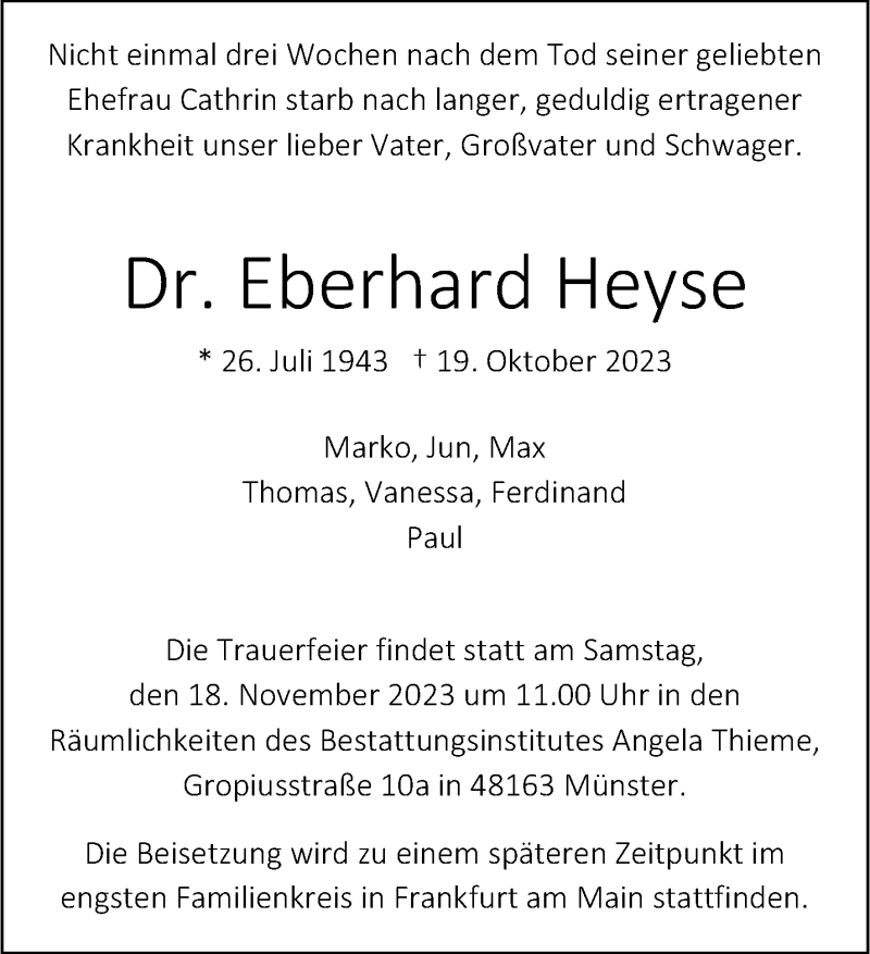  Traueranzeige für Dr. Eberhard Heyse vom 11.11.2023 aus 