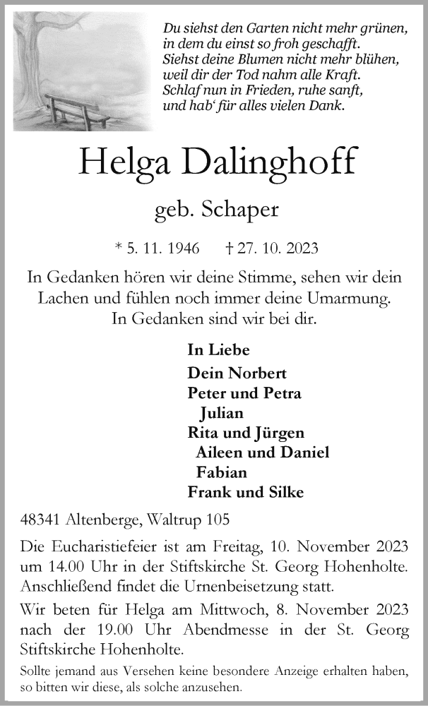  Traueranzeige für Helga Dalinghoff vom 04.11.2023 aus 