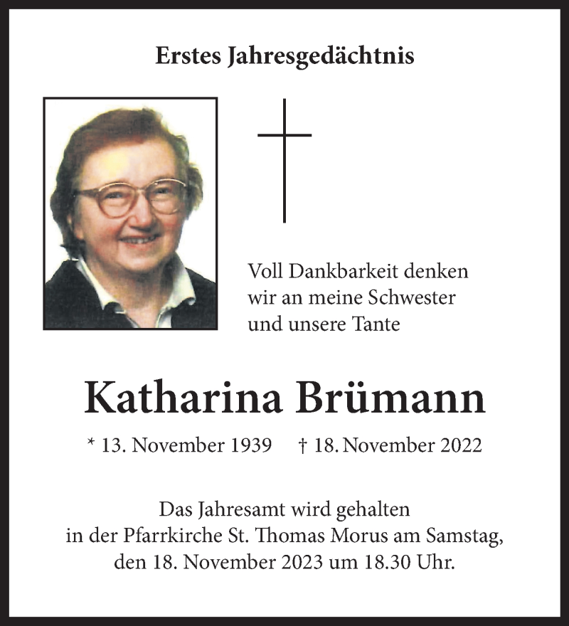  Traueranzeige für Katharina Brümann vom 15.11.2023 aus 