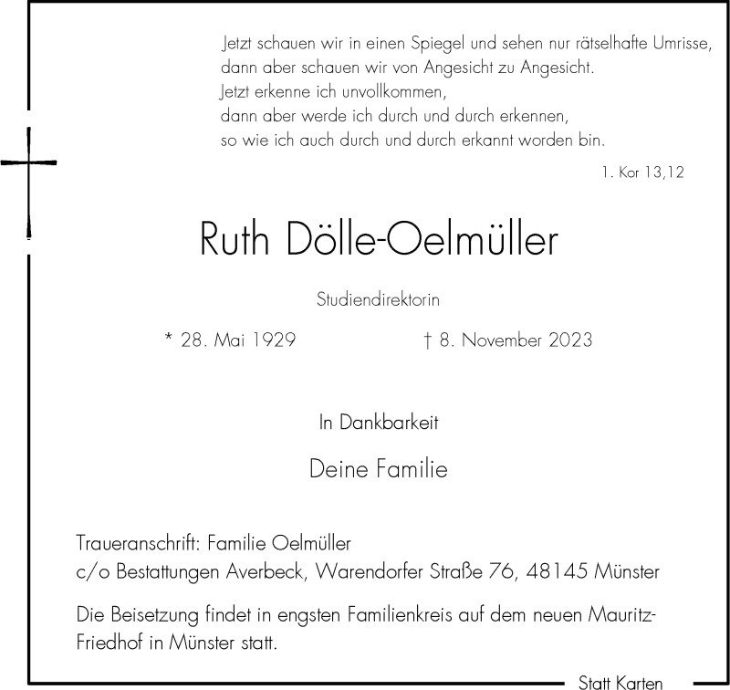  Traueranzeige für Ruth Dölle-Oelmüller vom 11.11.2023 aus 