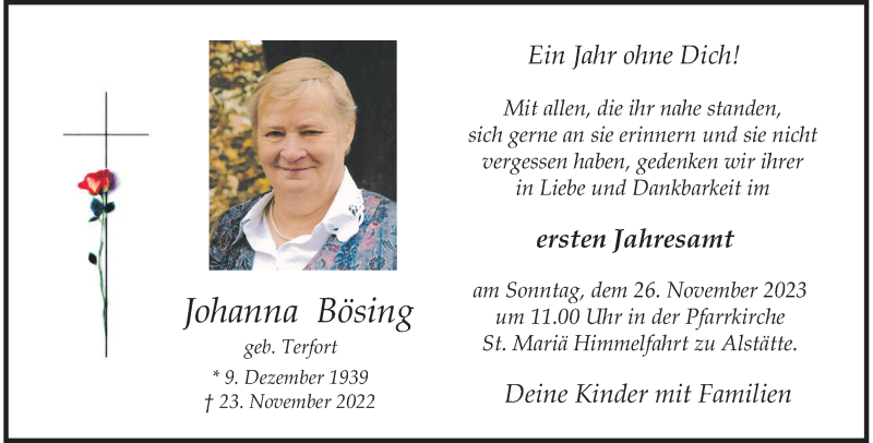  Traueranzeige für Johanna Bösing vom 21.11.2023 aus 