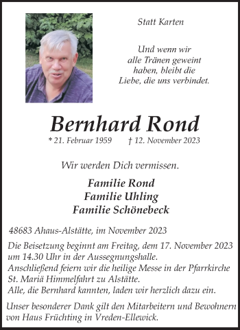 Anzeige von Bernhard Rond 