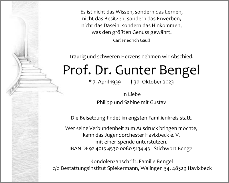 Traueranzeige für Prof. Dr. Gunter Bengel vom 11.11.2023 aus 