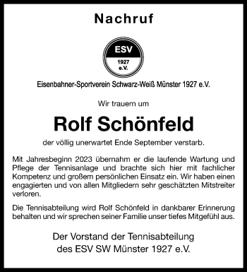 Anzeige von Rolf Schönfeld 