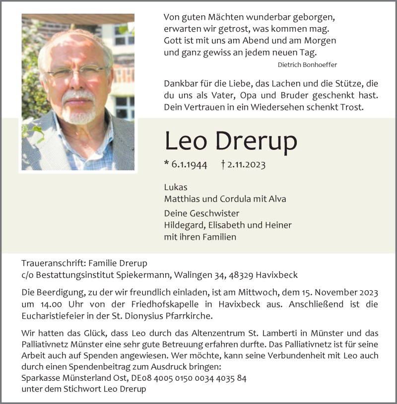  Traueranzeige für Leo Drerup vom 11.11.2023 aus 