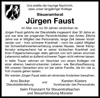 Anzeige von Jürgen Faust 