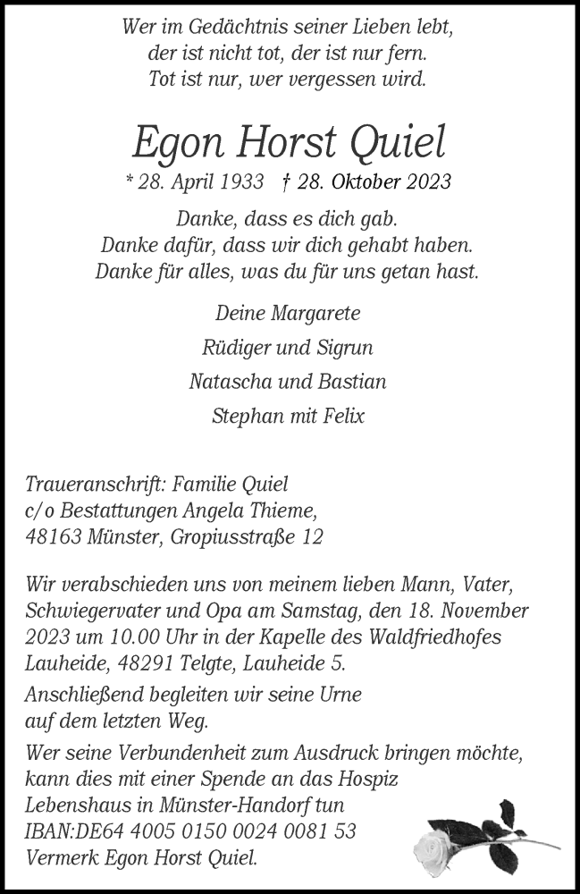  Traueranzeige für Egon Horst Quiel vom 11.11.2023 aus 