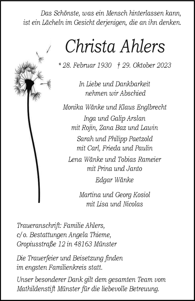  Traueranzeige für Christa Ahlers vom 04.11.2023 aus 