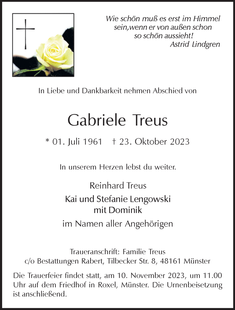  Traueranzeige für Gabriele Treus vom 04.11.2023 aus 