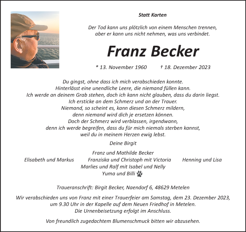  Traueranzeige für Franz Becker vom 21.12.2023 aus 