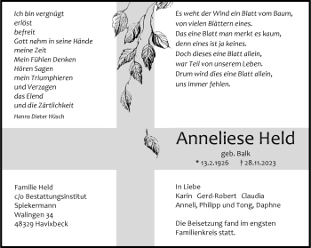 Anzeige von Anneliese Held 