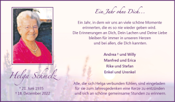 Anzeige von Helga Schmelz 