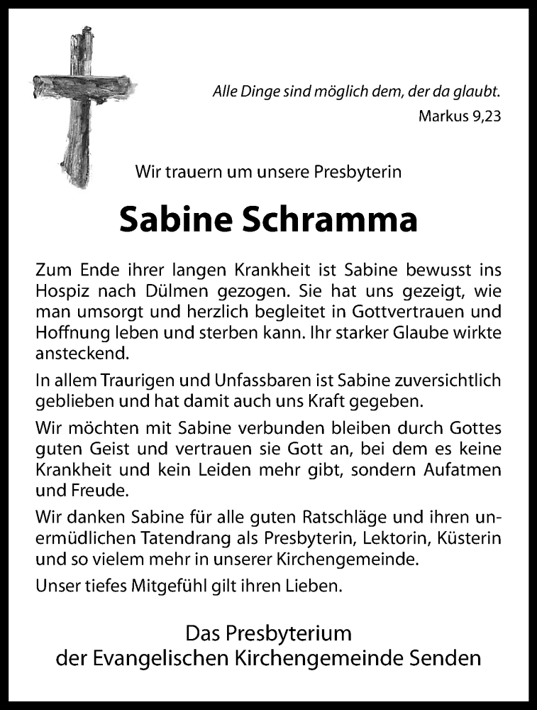  Traueranzeige für Sabine Schramma vom 09.12.2023 aus 