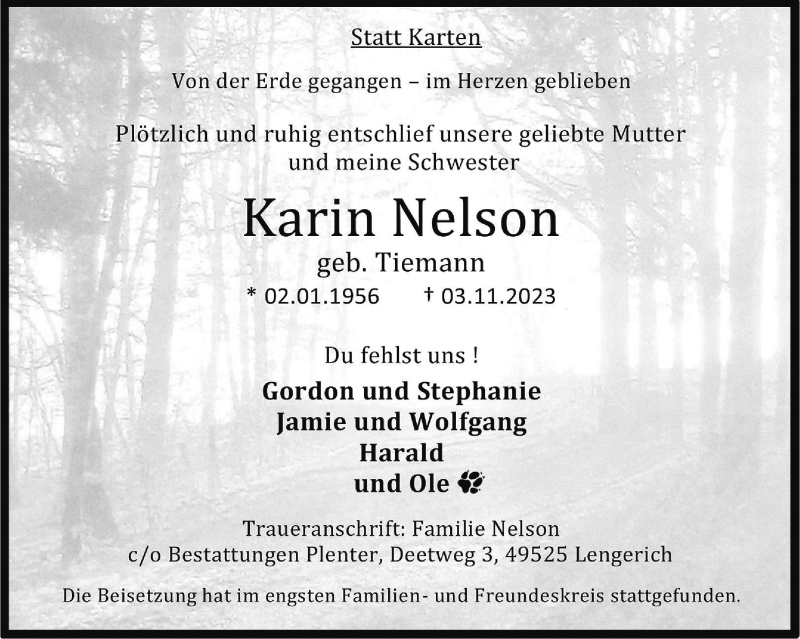  Traueranzeige für Karin Nelson vom 25.11.2023 aus 