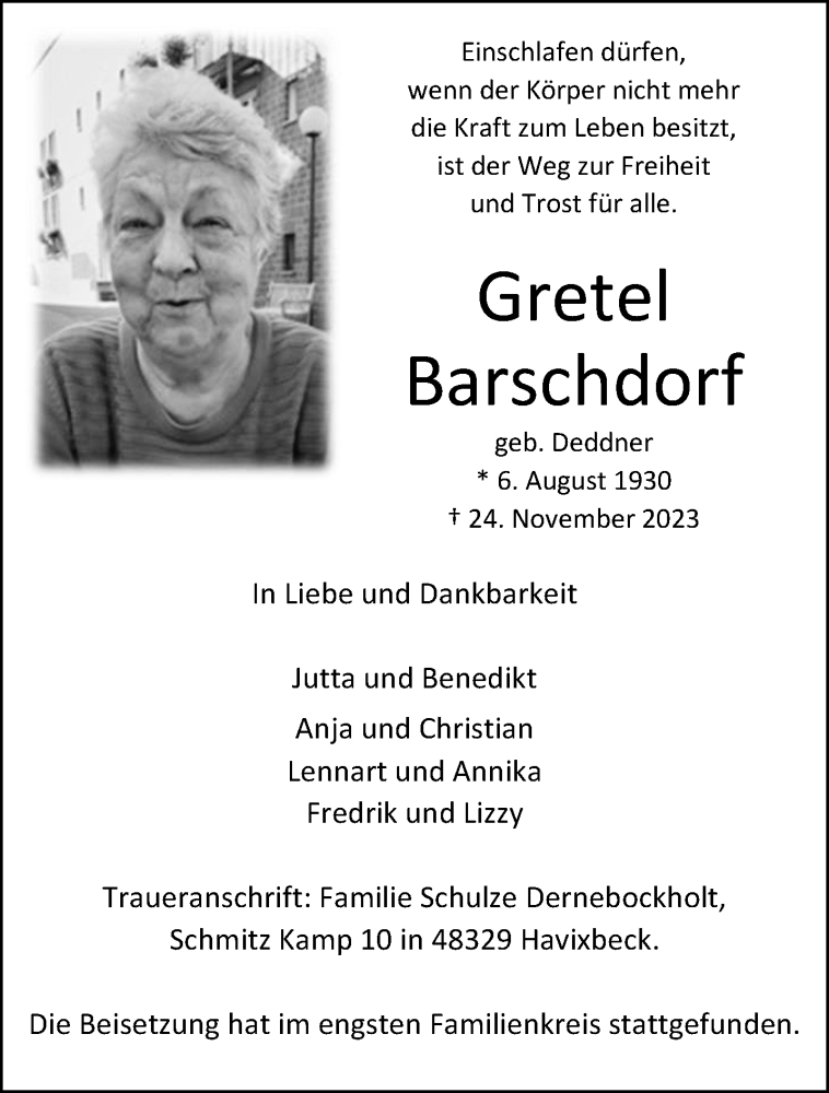  Traueranzeige für Gretel Barschdorf vom 09.12.2023 aus 