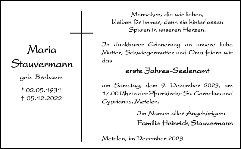  Traueranzeige für Maria Stauvermann vom 05.12.2023 aus 