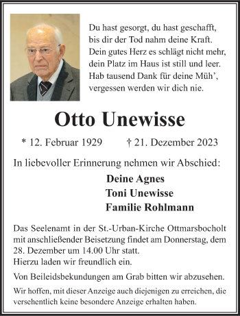 Anzeige von Otto Unewisse 