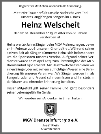Anzeige von Heinz Welscheit 