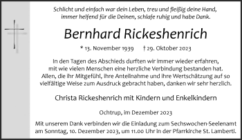 Anzeige von Bernhard Rickeshenrich 