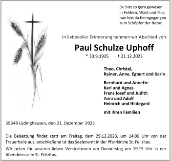 Anzeige von Paul Schulze Uphoff 