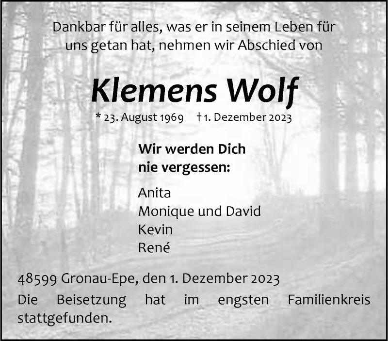  Traueranzeige für Klemens Wolf vom 13.12.2023 aus 