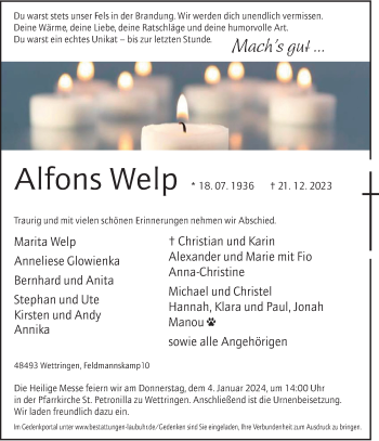 Anzeige von Alfons Welp 