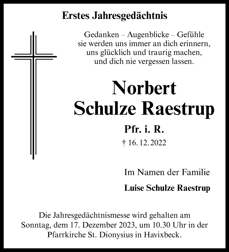  Traueranzeige für Norbert Schulze Raestrup vom 09.12.2023 aus 