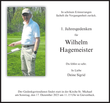Anzeige von Wilhelm Hagemeister 