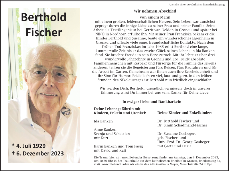 Traueranzeige für Berthold Fischer vom 08.12.2023 aus 