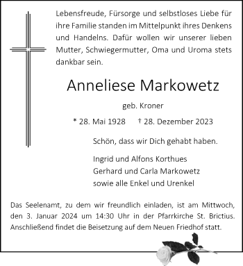 Anzeige von Anneliese Markowetz 
