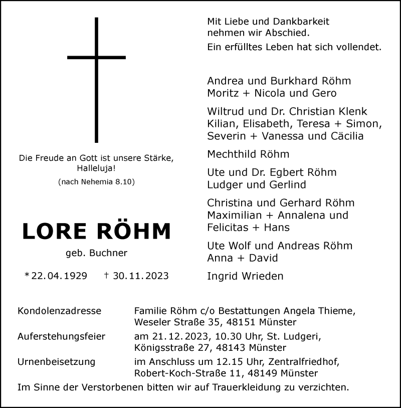  Traueranzeige für Lore Röhm vom 09.12.2023 aus 