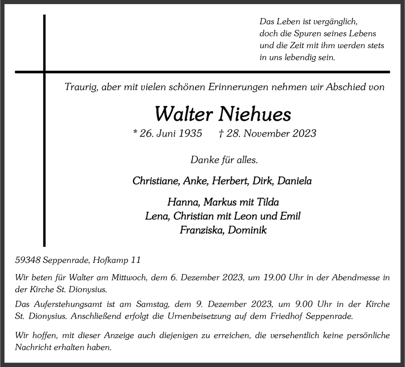  Traueranzeige für Walter Niehues vom 02.12.2023 aus 