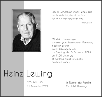 Anzeige von Heinz Lewing 