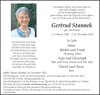 Anzeige von Gertrud Stannek 