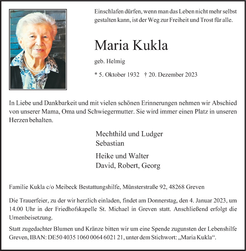  Traueranzeige für Maria Kukla vom 30.12.2023 aus 