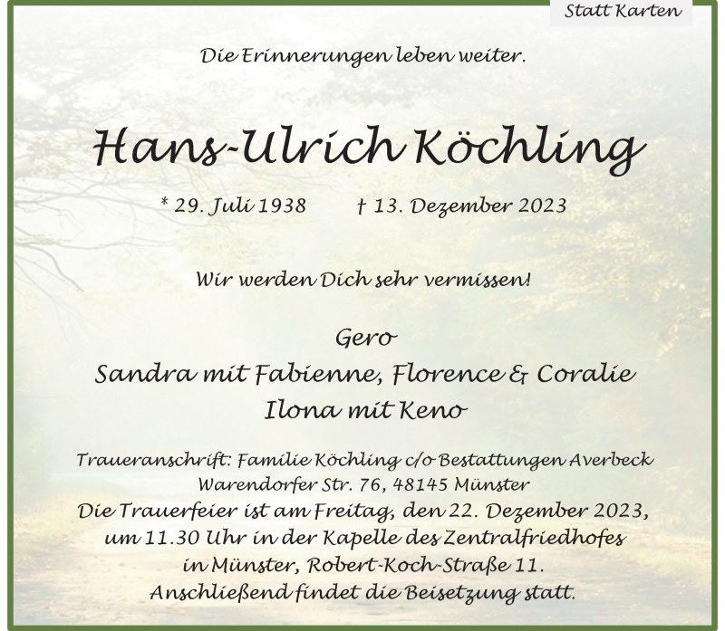  Traueranzeige für Hans-Ulrich Köchling vom 16.12.2023 aus 