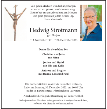 Anzeige von Hedwig Strotmann 