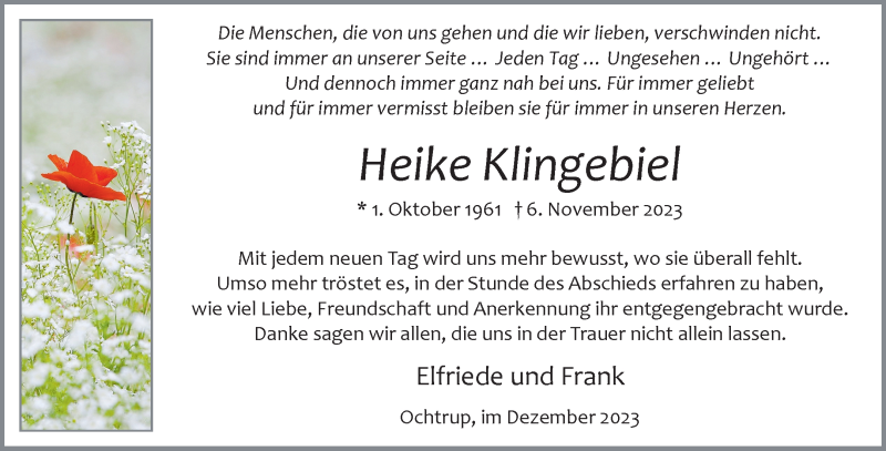  Traueranzeige für Heike Klingebiel vom 06.12.2023 aus 