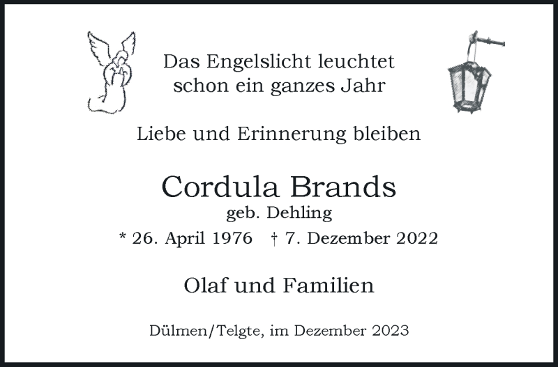  Traueranzeige für Cordula Brands vom 09.12.2023 aus 