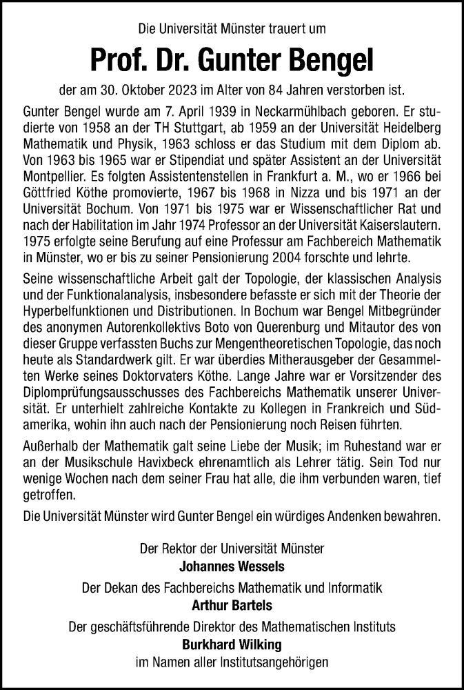  Traueranzeige für Prof. Dr. Gunter Bengel vom 25.11.2023 aus 