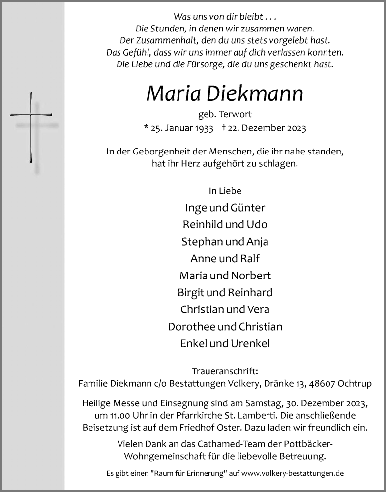  Traueranzeige für Maria Diekmann vom 28.12.2023 aus 