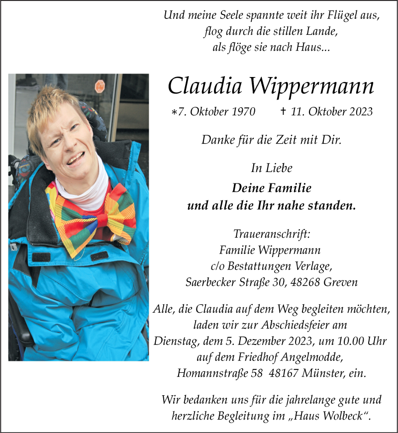  Traueranzeige für Claudia Wippermann vom 02.12.2023 aus 