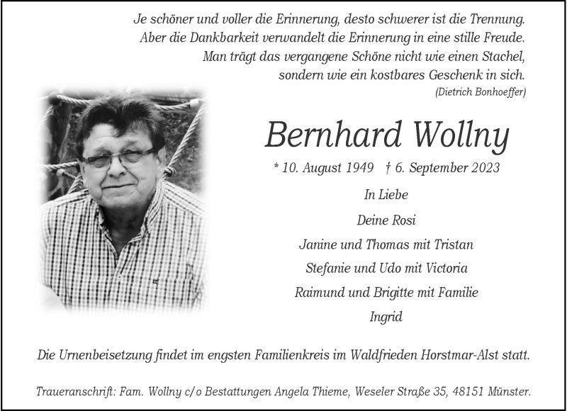  Traueranzeige für Bernhard Wollny vom 16.09.2023 aus 
