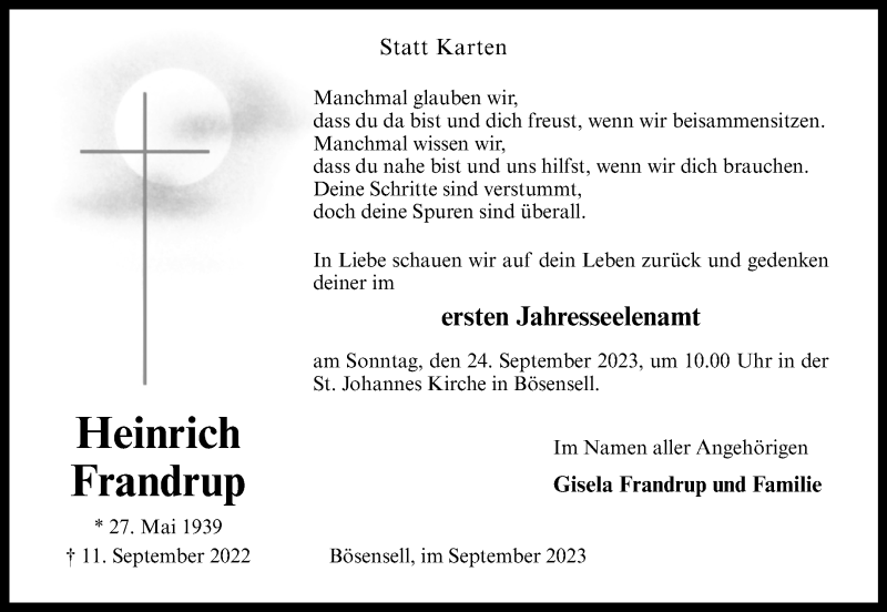  Traueranzeige für Heinrich Frandrup vom 16.09.2023 aus 